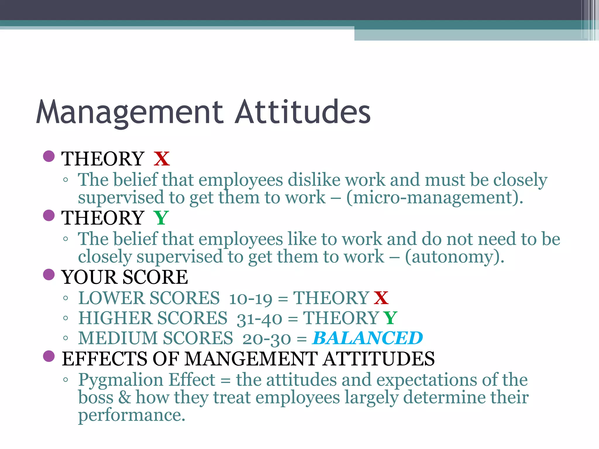 Management Attitudes
THEORY X
◦ The belief that employees dislike work and must be closely
supervised to get them to work – (micro-management).
THEORY Y
◦ The belief that employees like to work and do not need to be
closely supervised to get them to work – (autonomy).
YOUR SCORE
◦ LOWER SCORES 10-19 = THEORY X
◦ HIGHER SCORES 31-40 = THEORY Y
◦ MEDIUM SCORES 20-30 = BALANCED
EFFECTS OF MANGEMENT ATTITUDES
◦ Pygmalion Effect = the attitudes and expectations of the
boss & how they treat employees largely determine their
performance.
 