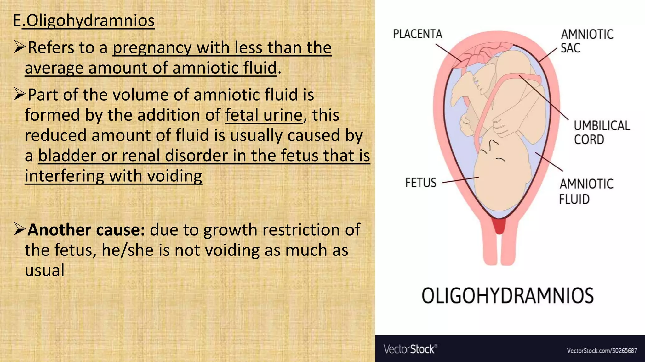 E.Oligohydramnios
Refers to a pregnancy with less than the
average amount of amniotic fluid.
Part of the volume of amniotic fluid is
formed by the addition of fetal urine, this
reduced amount of fluid is usually caused by
a bladder or renal disorder in the fetus that is
interfering with voiding
Another cause: due to growth restriction of
the fetus, he/she is not voiding as much as
usual
 