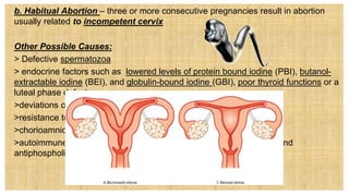 b. Habitual Abortion – three or more consecutive pregnancies result in abortion
usually related to incompetent cervix
Other Possible Causes:
> Defective spermatozoa
> endocrine factors such as lowered levels of protein bound iodine (PBI), butanol-
extractable iodine (BEI), and globulin-bound iodine (GBI), poor thyroid functions or a
luteal phase defect
>deviations of the uterus such as separate or bicornuate uterus
>resistance to uterine artery blood flow
>chorioamnionitis or uterine infection
>autoimmune disorders such as those involving lupus anticoagulant and
antiphospholipid antibodies
 