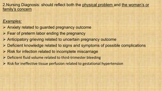 2.Nursing Diagnosis: should reflect both the physical problem and the woman’s or
family’s concern
Examples:
 Anxiety related to guarded pregnancy outcome
 Fear of preterm labor ending the pregnancy
 Anticipatory grieving related to uncertain pregnancy outcome
 Deficient knowledge related to signs and symptoms of possible complications
 Risk for infection related to incomplete miscarriage
 Deficient fluid volume related to third-trimester bleeding
 Risk for ineffective tissue perfusion related to gestational hypertension
 