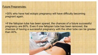 Future Pregnancies:
 >30% who have had ectopic pregnancy will have difficulty becoming
pregnant again.
 >If the fallopian tube has been spared, the chances of a future successful
pregnancy are 60%. Even if one fallopian tube has been removed, the
chances of having a successful pregnancy with the other tube can be greater
than 40%.
 