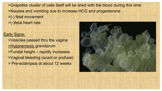  >Grapelike cluster of cells itself will be shed with the blood during this time
 >Nausea and vomiting due to increase HCG and progesterone
 >(-) fetal movement
 >(-)fetal heart rate
Early Signs:
 >Vesicles passed thru the vagina
 >Hyperemesis gravidarum
 >Fundal height – rapidly increases
 >Vaginal bleeding (scant or profuse)
 > Pre-eclampsia at about 12 weeks
 