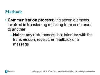 Copyright © 2018, 2016, 2014 Pearson Education, Inc. All Rights Reserved
Methods
• Communication process: the seven elements
involved in transferring meaning from one person
to another
– Noise: any disturbances that interfere with the
transmission, receipt, or feedback of a
message
 