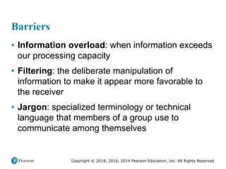 Copyright © 2018, 2016, 2014 Pearson Education, Inc. All Rights Reserved
Barriers
• Information overload: when information exceeds
our processing capacity
• Filtering: the deliberate manipulation of
information to make it appear more favorable to
the receiver
• Jargon: specialized terminology or technical
language that members of a group use to
communicate among themselves
 
