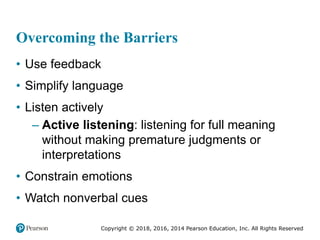 Copyright © 2018, 2016, 2014 Pearson Education, Inc. All Rights Reserved
Overcoming the Barriers
• Use feedback
• Simplify language
• Listen actively
– Active listening: listening for full meaning
without making premature judgments or
interpretations
• Constrain emotions
• Watch nonverbal cues
 