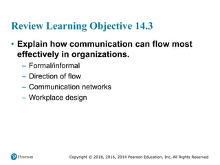 Copyright © 2018, 2016, 2014 Pearson Education, Inc. All Rights Reserved
Review Learning Objective 14.3
• Explain how communication can flow most
effectively in organizations.
– Formal/informal
– Direction of flow
– Communication networks
– Workplace design
 