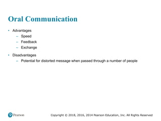 Copyright © 2018, 2016, 2014 Pearson Education, Inc. All Rights Reserved
Oral Communication
• Advantages
– Speed
– Feedback
– Exchange
• Disadvantages
– Potential for distorted message when passed through a number of people
 