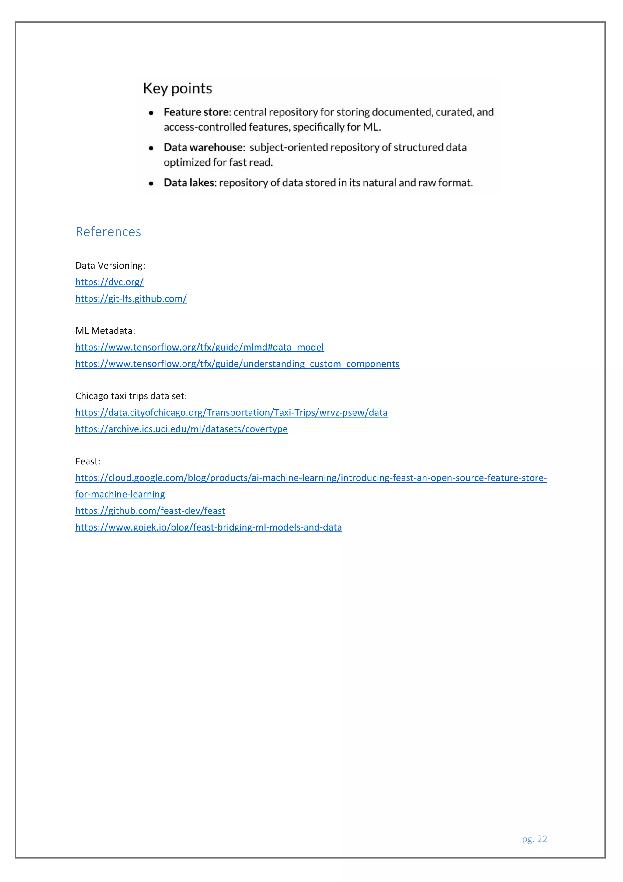 pg. 22
References
Data Versioning:
https://dvc.org/
https://git-lfs.github.com/
ML Metadata:
https://www.tensorflow.org/tfx/guide/mlmd#data_model
https://www.tensorflow.org/tfx/guide/understanding_custom_components
Chicago taxi trips data set:
https://data.cityofchicago.org/Transportation/Taxi-Trips/wrvz-psew/data
https://archive.ics.uci.edu/ml/datasets/covertype
Feast:
https://cloud.google.com/blog/products/ai-machine-learning/introducing-feast-an-open-source-feature-store-
for-machine-learning
https://github.com/feast-dev/feast
https://www.gojek.io/blog/feast-bridging-ml-models-and-data
 