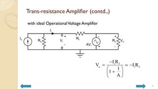 Trans-resistance Amplifier (contd.,)
with ideal OperationalVoltage Amplifier
9
i f
o i f
I R
V I R
1
1
A

 
 

 
 
 