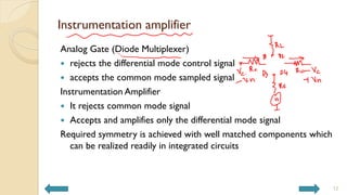Instrumentation amplifier
Analog Gate (Diode Multiplexer)
 rejects the differential mode control signal
 accepts the common mode sampled signal
Instrumentation Amplifier
 It rejects common mode signal
 Accepts and amplifies only the differential mode signal
Required symmetry is achieved with well matched components which
can be realized readily in integrated circuits
12
 