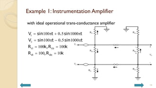 Example 1: Instrumentation Amplifier
with ideal operational trans-conductance amplifier
14
1
2
100 0 5 1000
100 0 5 1000
100 100
100 10
ci co
di do
V sin t . sin t
V sin t . sin t
R k,R k
R ,R k
   
   
 
 
 