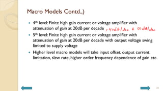 Macro Models Contd.,)
 4th level: Finite high gain current or voltage amplifier with
attenuation of gain at 20dB per decade
 5th level: Finite high gain current or voltage amplifier with
attenuation of gain at 20dB per decade with output voltage swing
limited to supply voltage
 Higher level macro models will take input offset, output current
limitation, slew rate, higher order frequency dependence of gain etc.
20
 