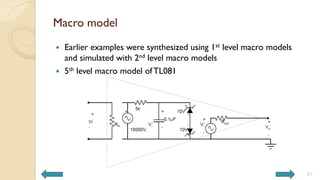 Macro model
 Earlier examples were synthesized using 1st level macro models
and simulated with 2nd level macro models
 5th level macro model of TL081
21
 