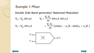 Example 1: Mixer
8
 
1 2
1 1 0 1 2
1 2
2 2 1 2 1 2
10
20
p p
X p
p p
Y p
Double Side Band generator/ Balanced Modulator
V V
V V sin t V sin t sin t
V V
V V sin t cos( )t cos( )t
    
         
 