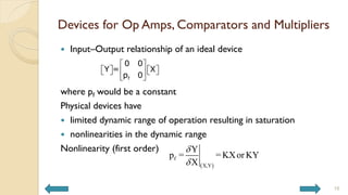 Devices for Op Amps, Comparators and Multipliers
 Input–Output relationship of an ideal device
where pf would be a constant
Physical devices have
 limited dynamic range of operation resulting in saturation
 nonlinearities in the dynamic range
Nonlinearity (first order)
18
f
0 0
Y = X
p 0
 
   
 
   
 
 
f
X,Y
Y
p = =KXor KY
X


 