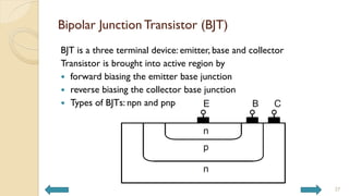 Bipolar Junction Transistor (BJT)
BJT is a three terminal device: emitter, base and collector
Transistor is brought into active region by
 forward biasing the emitter base junction
 reverse biasing the collector base junction
 Types of BJTs: npn and pnp
37
 