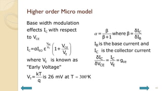 Higher order Micro model
40
300
BE
T
C
CE
V
V CE
C EO
E
E
T
Base width modulation
effects I with respect
to V
V
I =αI ε 1+
V
where V is known as
"Early Voltage"
kT
V = is 26 mV at T K
q
 
 
 
 
C
B
B
C
C C
ce
CE E
δI
β
= where β=
β+1 δI
I is the base current and
I is the collector current
δI I
= =g
δV V

 