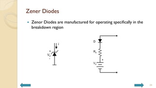 Zener Diodes
 Zenor Diodes are manufactured for operating specifically in the
breakdown region
29
 
