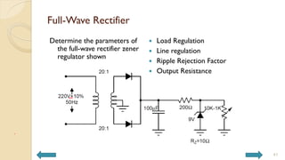 Full-Wave Rectifier
Determine the parameters of
the full-wave rectifier zener
regulator shown
 Load Regulation
 Line regulation
 Ripple Rejection Factor
 Output Resistance
41
 