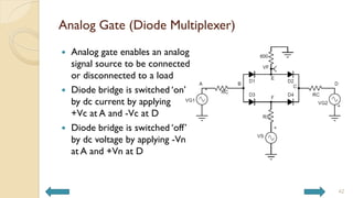 Analog Gate (Diode Multiplexer)
 Analog gate enables an analog
signal source to be connected
or disconnected to a load
 Diode bridge is switched ‘on’
by dc current by applying
+Vc at A and -Vc at D
 Diode bridge is switched ‘off’
by dc voltage by applying -Vn
at A and +Vn at D
42
 