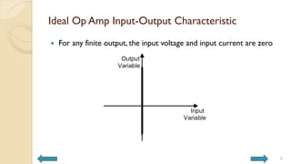 Ideal Op Amp Input-Output Characteristic
 For any finite output, the input voltage and input current are zero
6
 