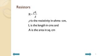 Resistors
L
R=
A

 is the resistivity in ohms-cm,
L is the length in cms and
A is the area in sq. cm
6
 