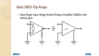 Ideal SISO Op Amps
 Ideal Single Input Single Ended Output Amplifier (SISO) with
infinite gain.
11
 