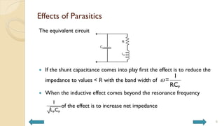 Effects of Parasitics
The equivalent circuit
 If the shunt capacitance comes into play first the effect is to reduce the
impedance to values < R with the band width of
 When the inductive effect comes beyond the resonance frequency
of the effect is to increase net impedance
9
P
1
=
RC

P P
1
L C
 