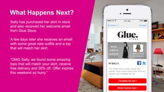 What Happens Next?
Sally has purchased her skirt in store
and also received her welcome email
from Glue Store.
A few days later she receives an email
with some great new outfits and a top
that will match her skirt.
“OMG Sally, we found some amazing
tops that will match your skirt, receive
free delivery and 30% off. Offer expires
this weekend so hurry.”
ContactInbox (1)
100%ET 9:41 AM
HI SALLY,
Complete the set >
Winter fashion tips >
This winter look is bold, simple and
classic. Learn some styling tips from our
experts and complete the set.
Match your skirt
with these tops.
 