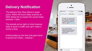Delivery Notification
The delivery from Glue Store is super
quick. Within 48 hours Sally receives an
SMS telling her to expect her parcel today
between 1-2pm.
The parcels arrive right on time however
Sally is stuck in traffic and can’t make it
home in time.
Unfortunately by the time she gets home
to parcel isn’t there…however…
ContactGlue StoreMessages
Hi Sally, the ‘leatherette
top’ in black is now back
in stock. Hurry before it
sells out again http://bitly
Text Message Send
100%ET 9:41 AM
Your parcel will be
delivered today between
1-2pm. Enjoy it! From
Glue Store
 