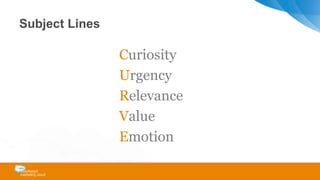 Subject Lines
Curiosity
Urgency
Relevance
Value
Emotion
 