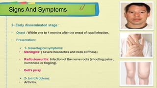 Signs And Symptoms 
2- Early disseminated stage : 
• Onset : Within one to 4 months after the onset of local infection. 
• Presentation: 
 1- Neurological symptoms: 
• Meningitis: ( severe headeches and neck stiffness) 
• Radiculoneuritis: Infection of the nerve roots (shooting pains , 
numbness or tingling). 
• Bell’s palsy. 
 2- Joint Problems: 
• Arthritis. 
 