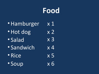 Food
• Hamburger
• Hot dog
• Salad
• Sandwich
• Rice
• Soup

x1
x2
x3
x4
x5
x6

 