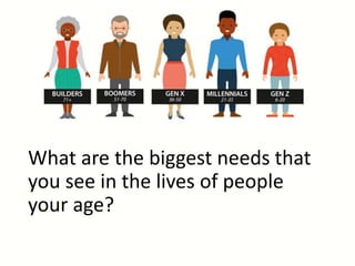 What are the biggest needs that
you see in the lives of people
your age?
 