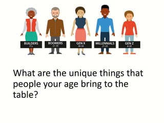 What are the unique things that
people your age bring to the
table?
 