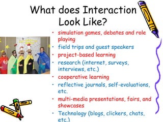 What does Interaction
     Look Like?
    • simulation games, debates and role
      playing
    • field trips and guest speakers
    • project-based learning
    • research (internet, surveys,
      interviews, etc.)
    • cooperative learning
    • reflective journals, self-evaluations,
      etc.
    • multi-media presentations, fairs, and
      showcases
    • Technology (blogs, clickers, chats,
      etc.)
 