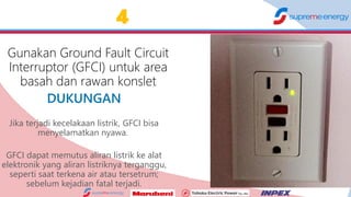 11
Jika terjadi kecelakaan listrik, GFCI bisa
menyelamatkan nyawa.
GFCI dapat memutus aliran listrik ke alat
elektronik yang aliran listriknya terganggu,
seperti saat terkena air atau tersetrum;
sebelum kejadian fatal terjadi.
4
 