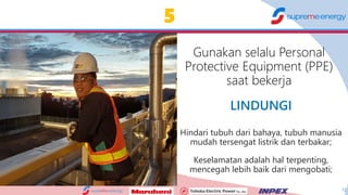 12
LINDUNGI
Hindari tubuh dari bahaya, tubuh manusia
mudah tersengat listrik dan terbakar;
Keselamatan adalah hal terpenting,
mencegah lebih baik dari mengobati;
5
 