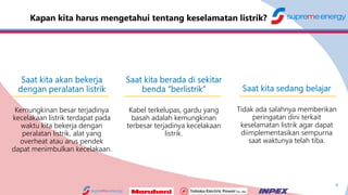 Kemungkinan besar terjadinya
kecelakaan listrik terdapat pada
waktu kita bekerja dengan
peralatan listrik, alat yang
overheat atau arus pendek
dapat menimbulkan kecelakaan.
Kabel terkelupas, gardu yang
basah adalah kemungkinan
terbesar terjadinya kecelakaan
listrik.
Tidak ada salahnya memberikan
peringatan dini terkait
keselamatan listrik agar dapat
diimplementasikan sempurna
saat waktunya telah tiba.
KNOW
4
 