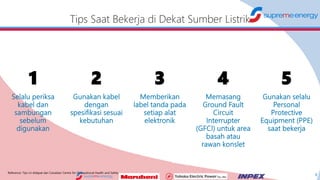 6
Tips Saat Bekerja di Dekat Sumber Listrik
1 2 3 4 5
Reference: Tips ini didapat dari Canadian Centre for Occupational Health and Safety
 