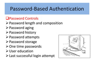 Password-Based Authentication
Password Controls
 Password length and composition
 Password aging
 Password history
 Password attempts
 Password storage
 One time passwords
 User education
 Last successful login attempt
 