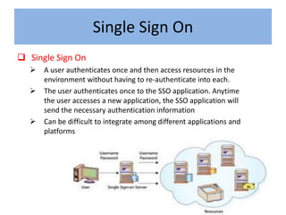 Single Sign On
 Single Sign On
     A user authenticates once and then access resources in the
      environment without having to re-authenticate into each.
     The user authenticates once to the SSO application. Anytime
      the user accesses a new application, the SSO application will
      send the necessary authentication information
     Can be difficult to integrate among different applications and
      platforms
 