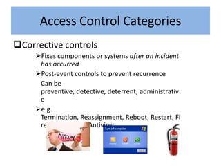 Access Control Categories
Corrective controls
     Fixes components or systems after an incident
      has occurred
     Post-event controls to prevent recurrence
      Can be
      preventive, detective, deterrent, administrativ
      e
     e.g.
      Termination, Reassignment, Reboot, Restart, Fi
      re Extinguisher, Antivirus
 