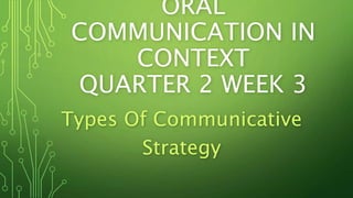 ORAL
COMMUNICATION IN
CONTEXT
QUARTER 2 WEEK 3
Types Of Communicative
Strategy
 