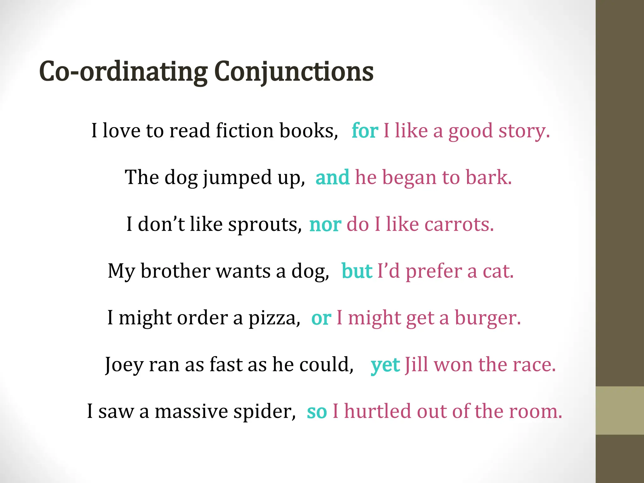Co-ordinating Conjunctions
I love to read fiction books,
The dog jumped up,
I don’t like sprouts,
My brother wants a dog,
I might order a pizza,
Joey ran as fast as he could,
I saw a massive spider,
for I like a good story.
and he began to bark.
nor do I like carrots.
but I’d prefer a cat.
or I might get a burger.
yet Jill won the race.
so I hurtled out of the room.
 