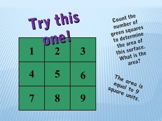 Count the
number of
green squares
to determine
the area of
this surface.
What is the
area?
The area is
equal to 9
square units.
Try thisTry this
one!one!
1
5
2
4
7
3
6
8 9
 