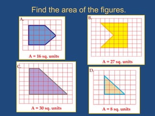 Find the area of the figures.
A. B.
D.
C.
A = 16 sq. units
A = 27 sq. units
A = 30 sq. units A = 8 sq. units
 
