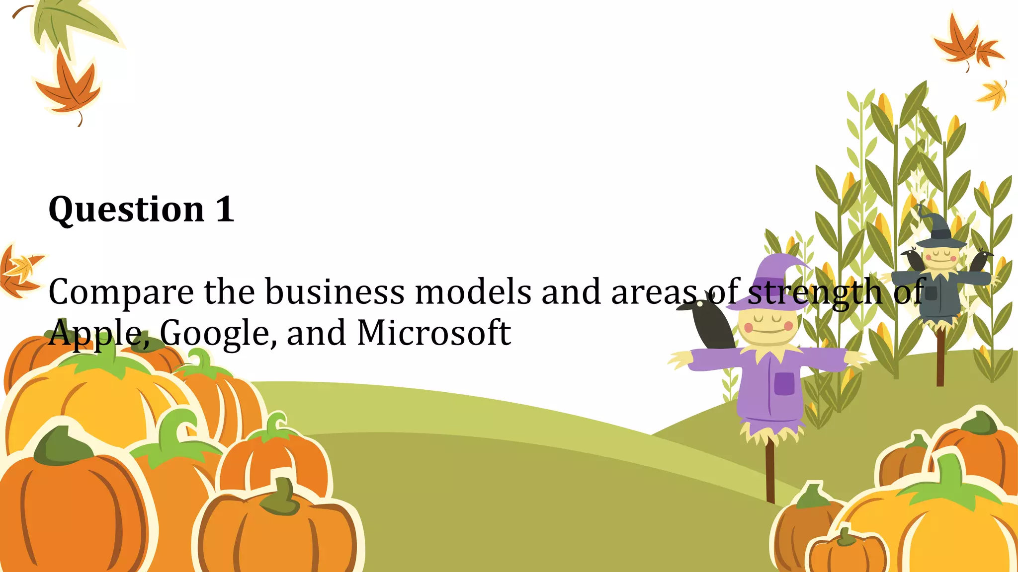 Question 1
Compare the business models and areas of strength of
Apple, Google, and Microsoft
 