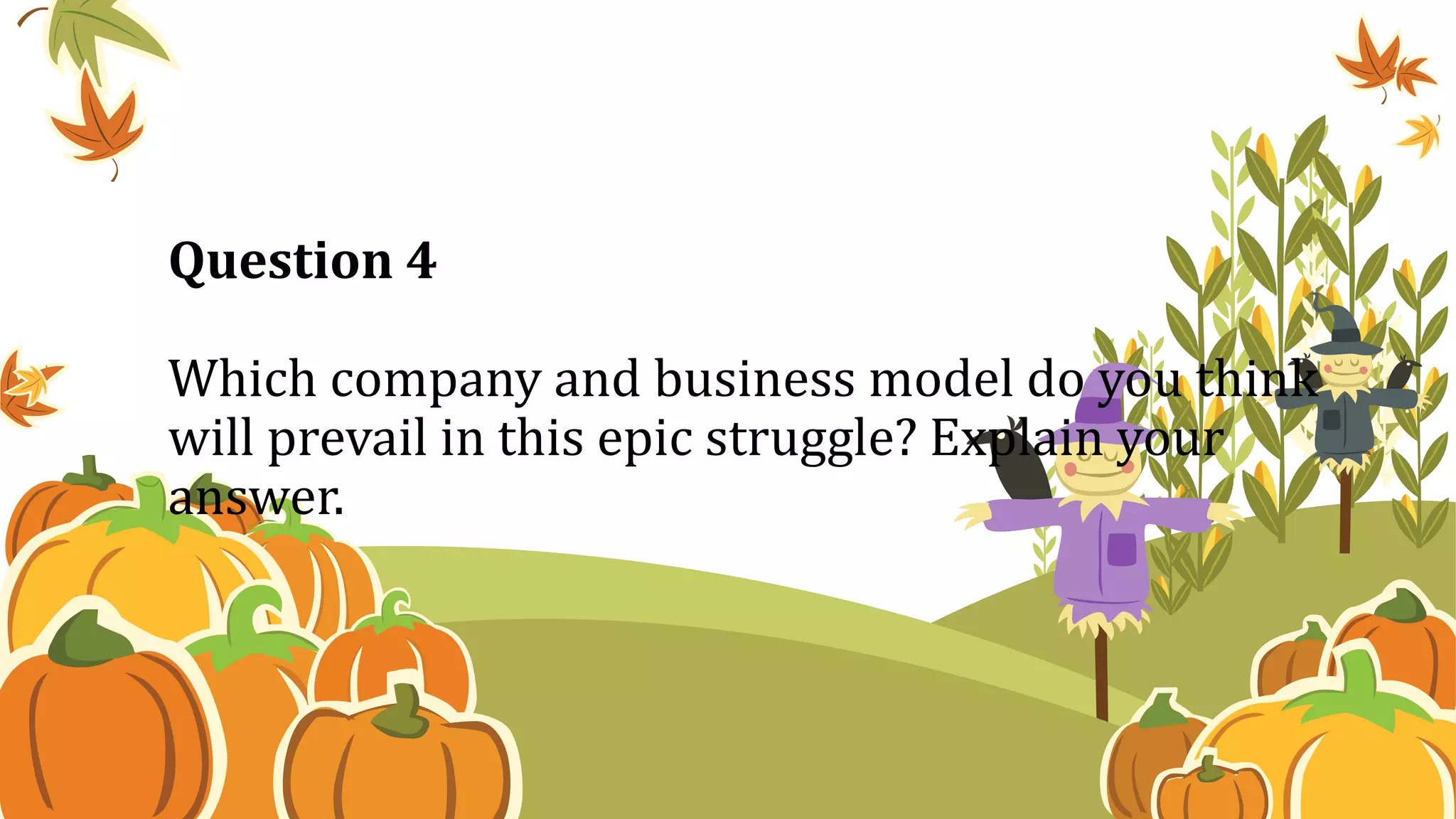 Question 4
Which company and business model do you think
will prevail in this epic struggle? Explain your
answer.
 