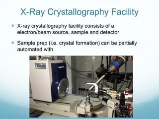 X-Ray Crystallography Facility
 X-ray crystallography facility consists of a
electron/beam source, sample and detector
 Sample prep (i.e. crystal formation) can be partially
automated with
 